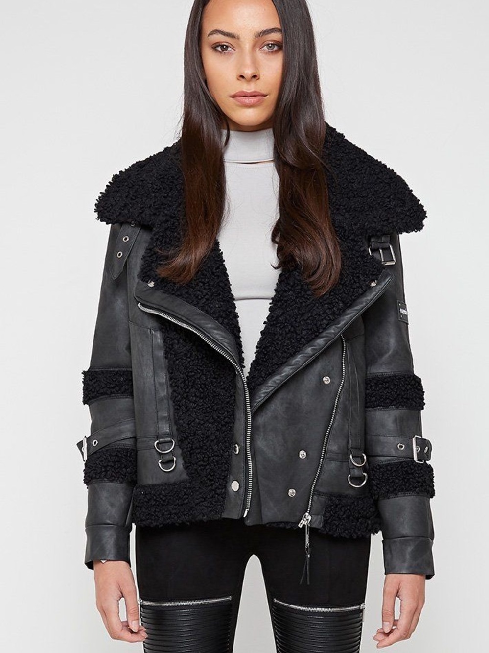Maniere De Voir Vegan Leather Sherpa Biker Jacket 🖤